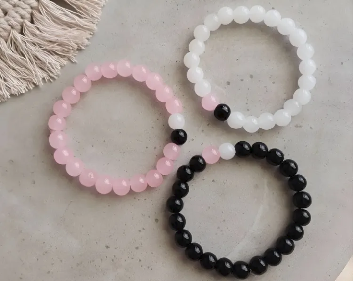 e-Cart Villa Bracelet for Girls and Women Matching Black White Matte Beads Ghost Charm Couple Bracelet Pack of 2 Korean Style Best Friend Friendship Stretch Bracelet